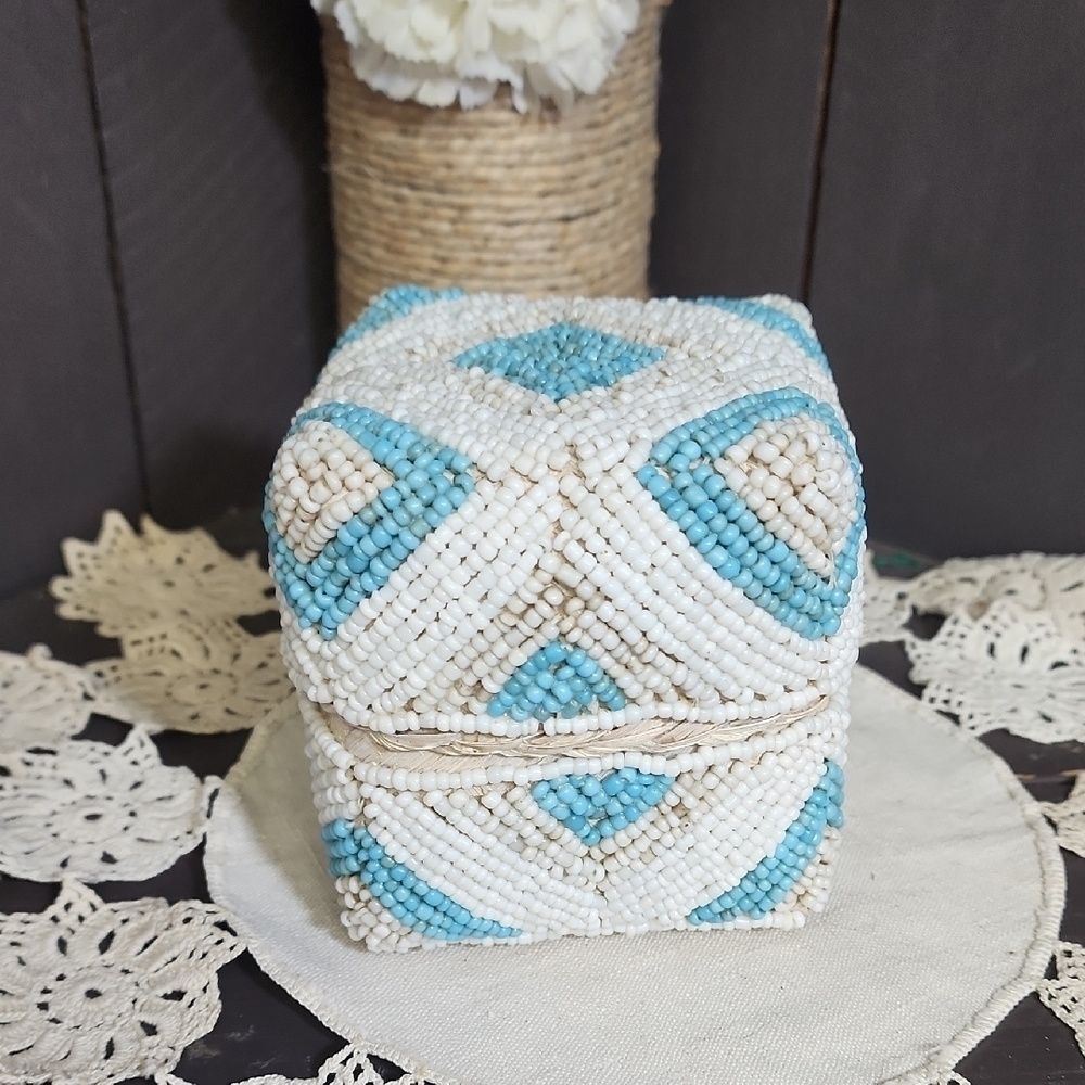 Handcrafted Beaded Box with Blue and White Design